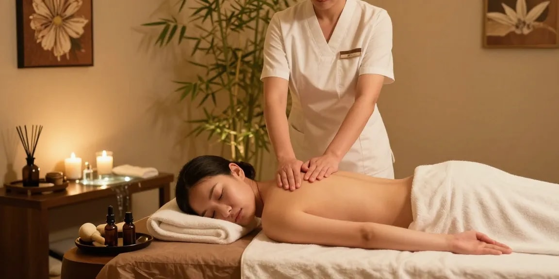 마사지 치료를 받는 고객과 전문 마사지사의 편안한 스파 장면