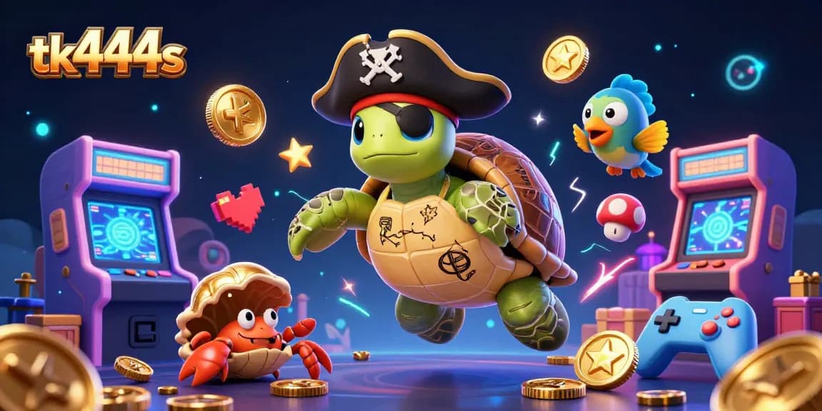 Experience vibrant gaming with tk444s featuring a turtle, crab, and parrotfish above treasure.