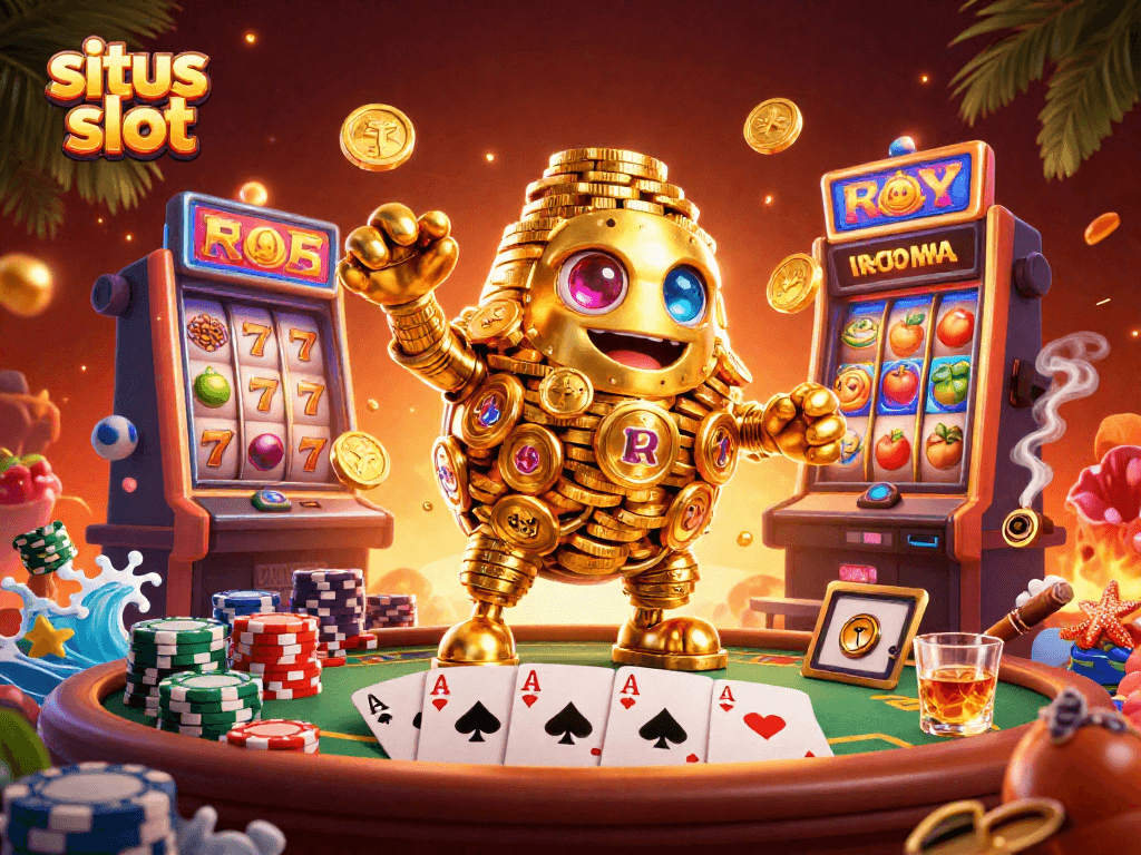 Ilustrasi golem emas berukuran 3D dengan simbol slot di tubuhnya memberi kemenangan di situs slot.