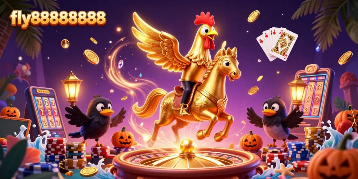 Experience exhilarating gaming with fly88888888 featuring golden rooster amidst a vibrant casino.