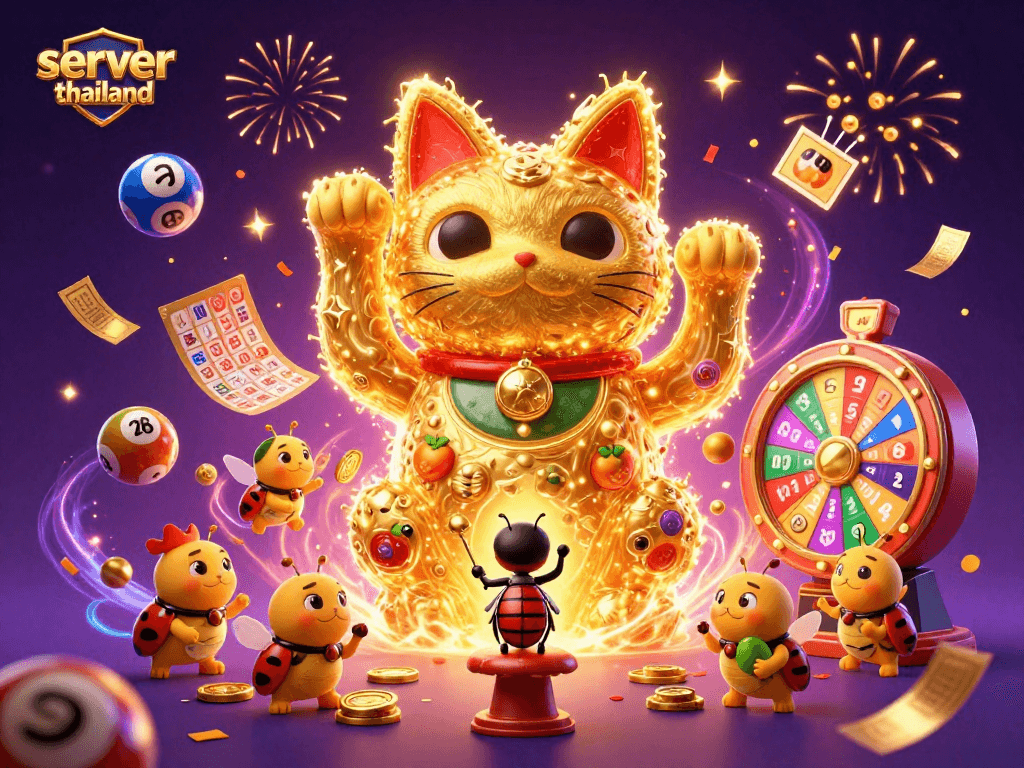 Experience excitement with server thailand as golden fireflies create a lucky cat amidst vibrant gambling elements.