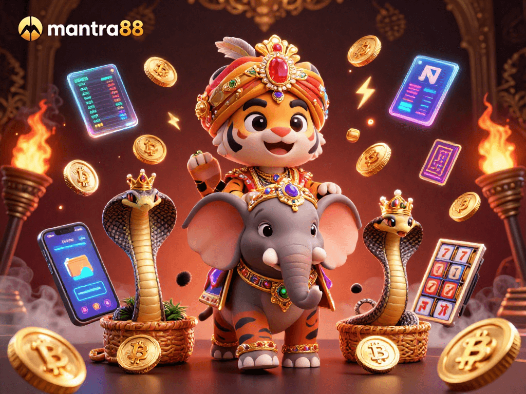Experience thrilling gameplay at mantra88 with an 3D casino scene featuring a maharaja, elephant, and crypto coins.