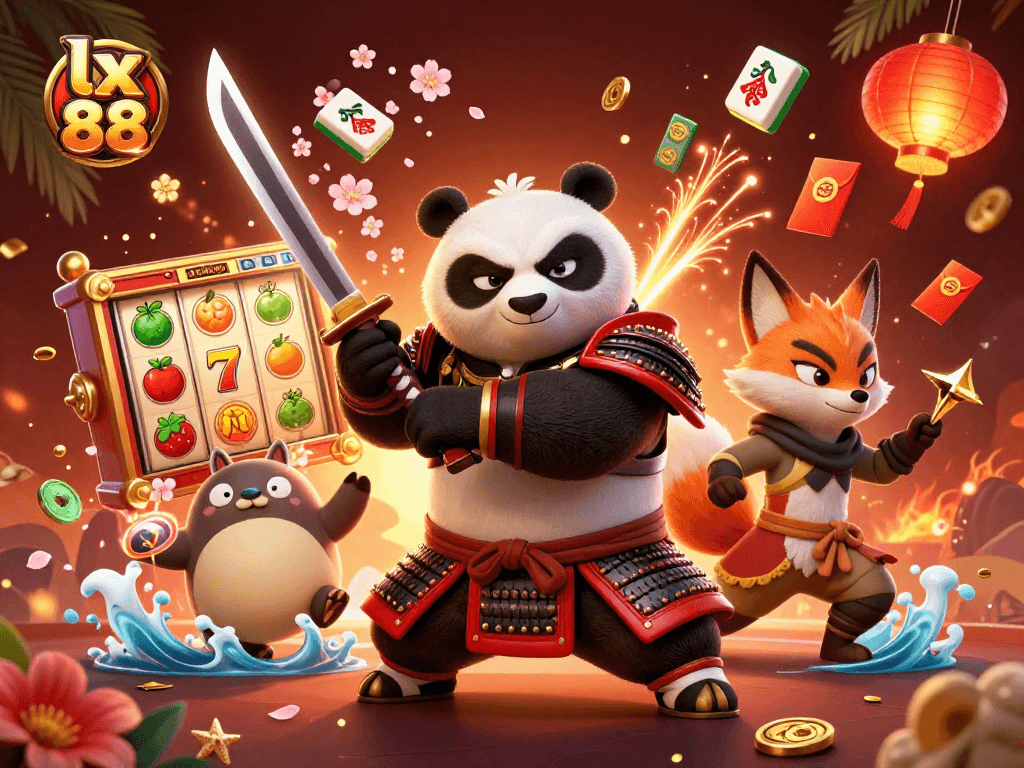 Engage with lx 88's dynamic gaming scene featuring vibrant casino elements and animated characters.