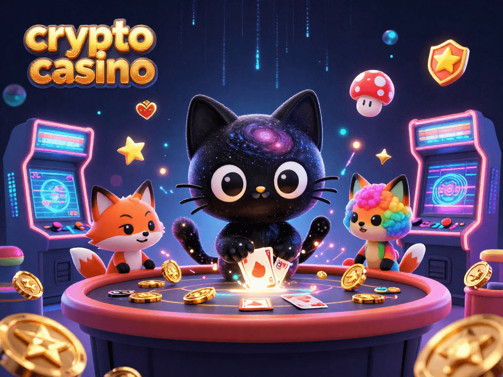 Jouez au crypto casino avec une illustration dynamique d'un chat noir trou noir, des pièces dorées et des jeux lumineux.