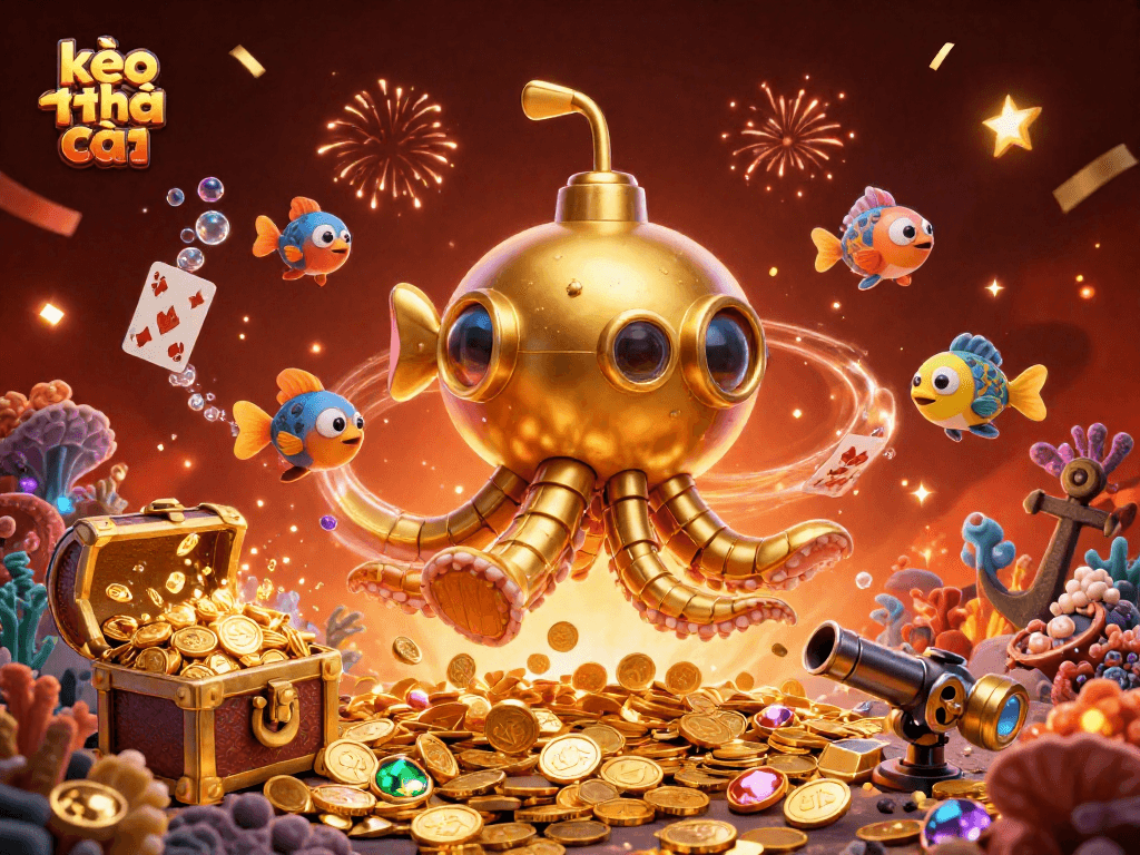 Spin the reels with kèo nhà cái's vibrant underwater casino scene filled with gold coins and treasures.