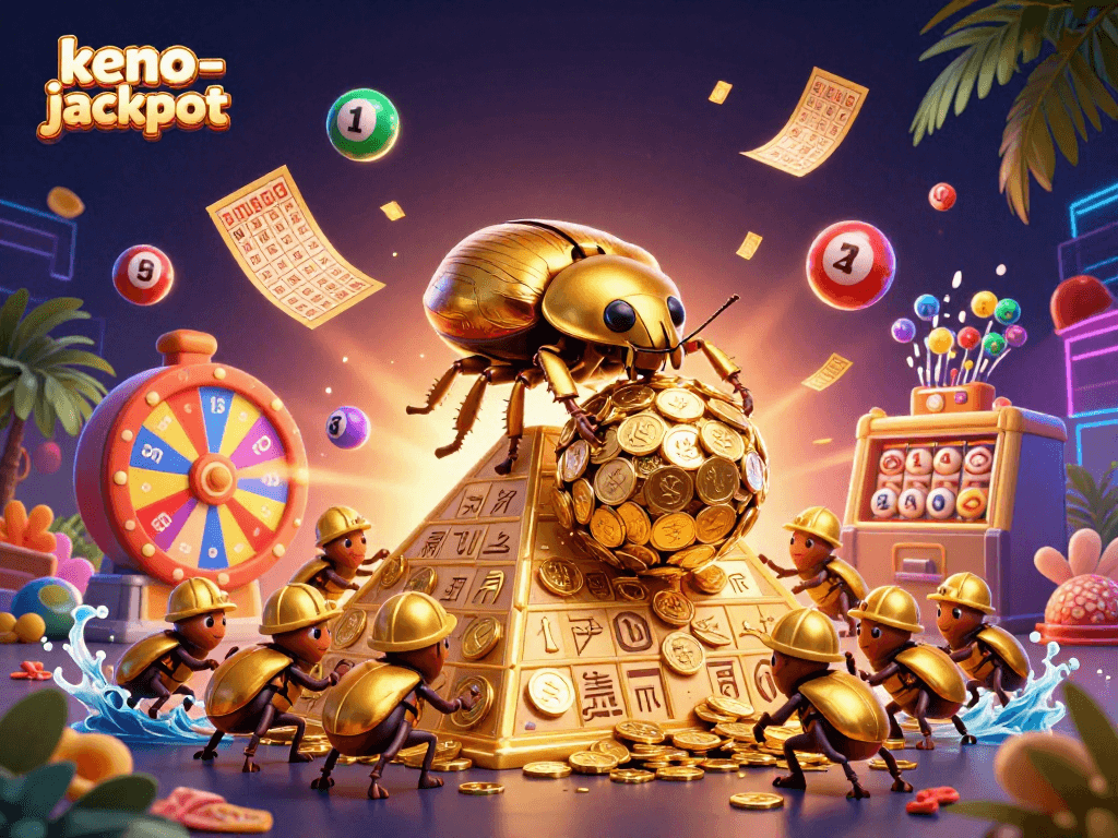 Engage in thrilling keno-jackpot, where golden beetles roll coins amidst vibrant numbers and dynamic prizes.