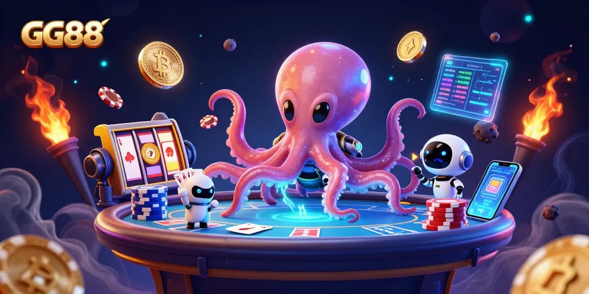 Engage in thrilling gameplay with GG88 at a colorful alien poker table amid Bitcoin coins and vibrant slots.