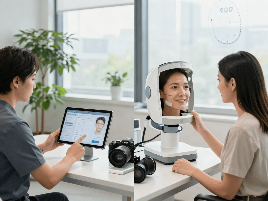 Compare ClinicEvo vs QOVES in a modern facial analysis setting, showcasing technology and customer satisfaction.