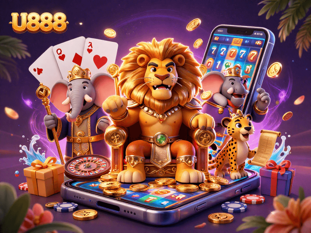 Experience the excitement of U888 with a lion king, wise elephant, and swift cheetah in a vibrant casino scene.
