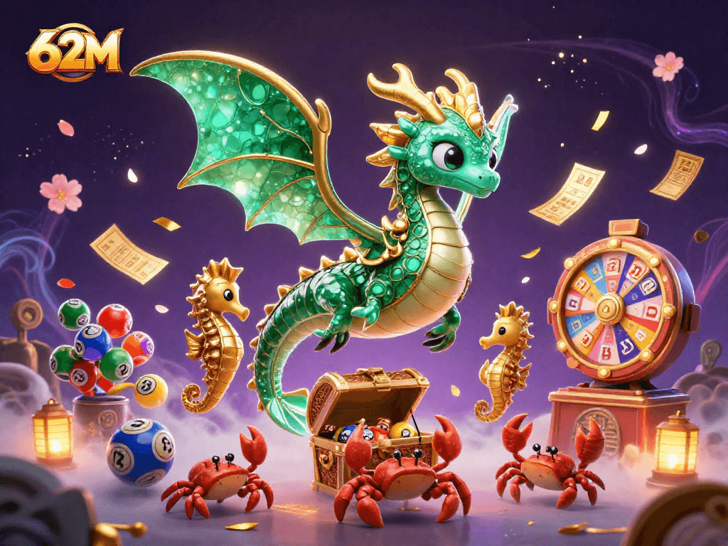 O 62M oferece ação vibrante com bolas de loteria coloridas e um dragão marinho de elementos de cassino.