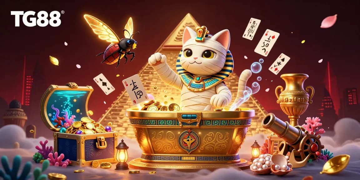 Engage in the thrilling world of TG88 with vibrant symbols and energetic gameplay, featuring a captivating mummy cat.
