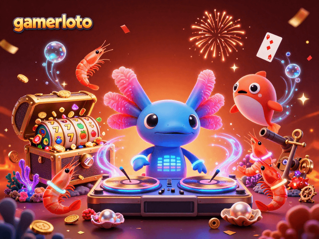 Experience vibrant gameplay with gamerloto's energetic 3D casino illustration, showcasing thrilling slots and fun characters.