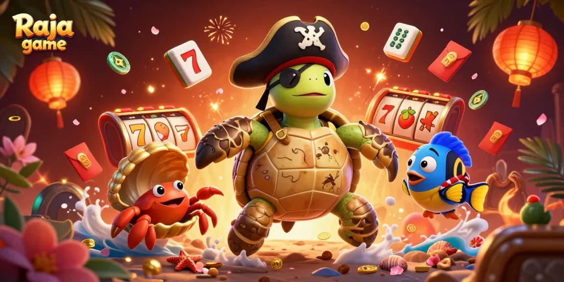 Engage with the exciting Raja game scene featuring a pirate turtle, slot reels, and vivid game elements.