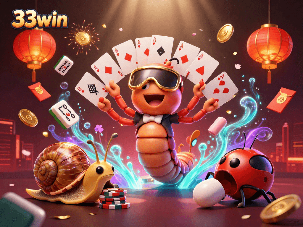 Experience the excitement of 33win casino with a playful millipede dealer and high-stakes action!