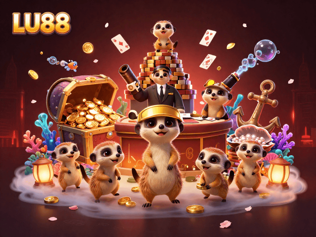 LU88 presents an energetic meerkat casino scene featuring dealers, treasures, and vibrant elements for a thrilling experience.