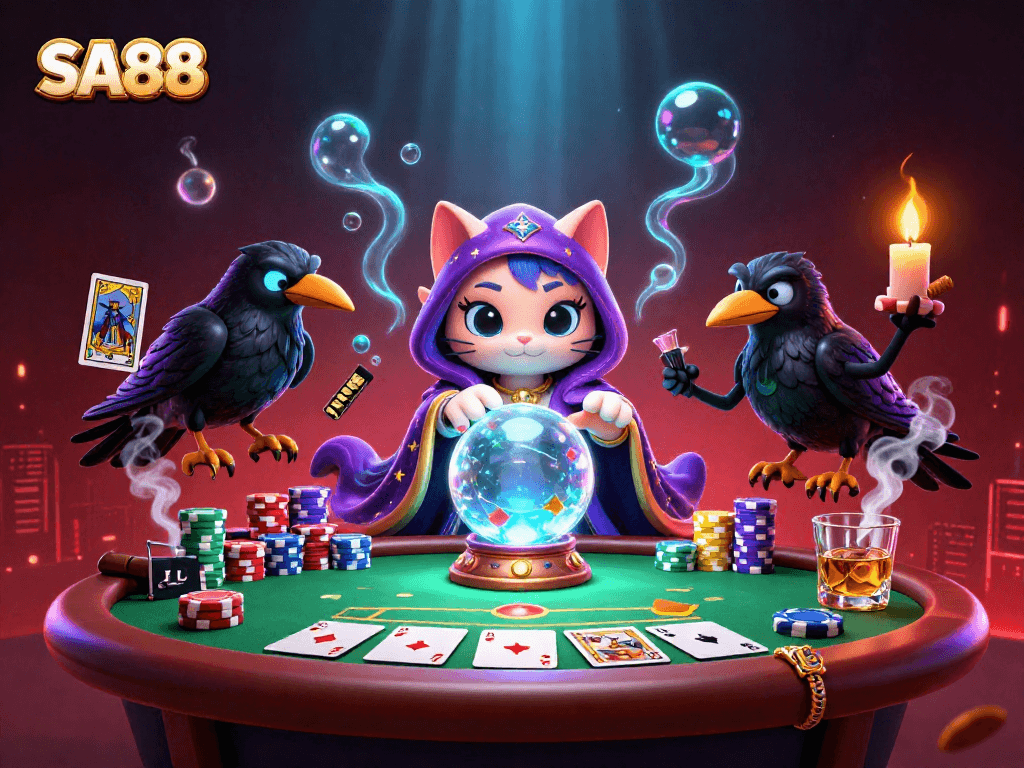 Engage with SA88's thrilling casino atmosphere with a mystical cat fortune teller and poker elements.