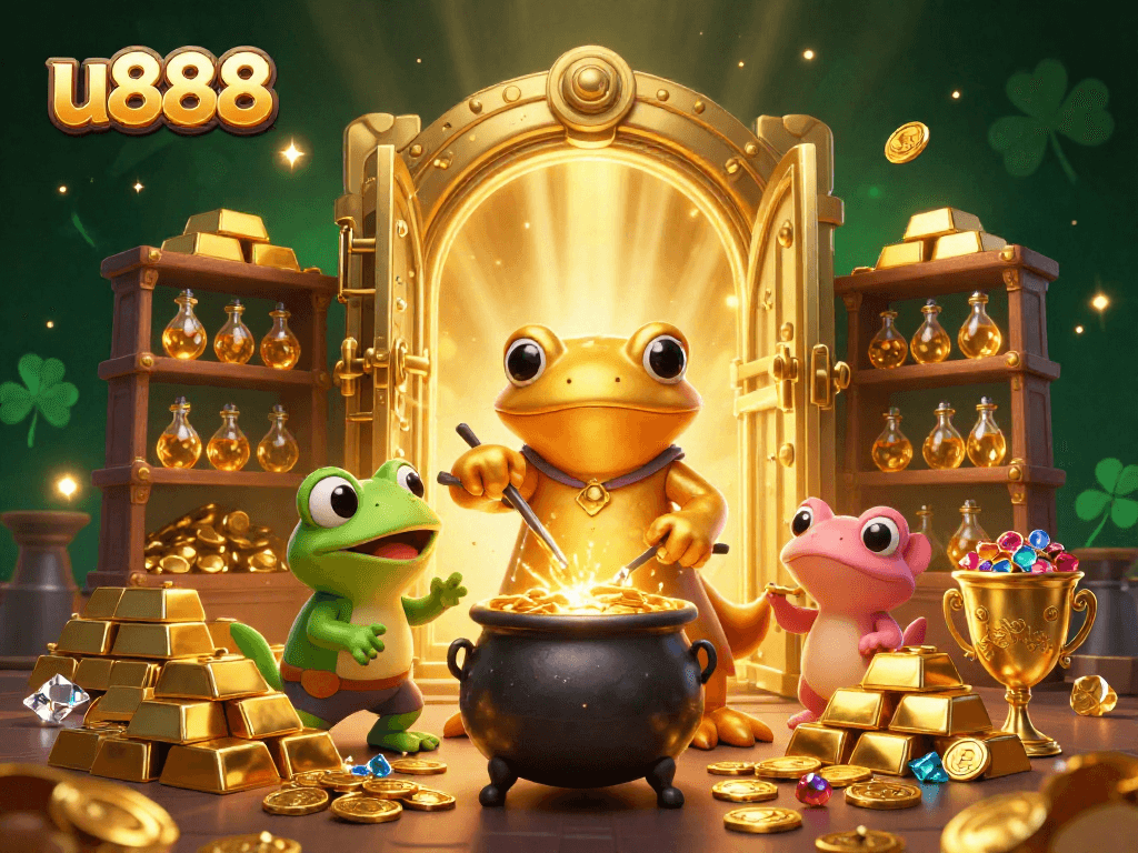 Join the excitement at u888 with a golden alchemist, bubbling cauldron, and treasures in a vibrant casino setting.