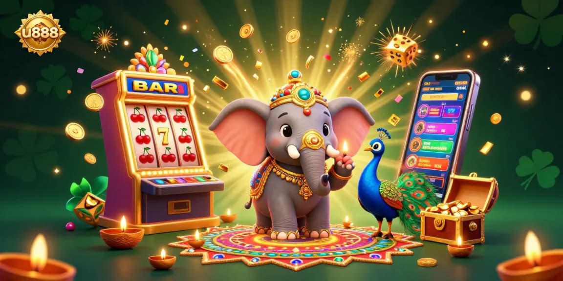 Experience the excitement of u888 with a stunning cartoon scene featuring a jackpot explosion and colorful casino elements.