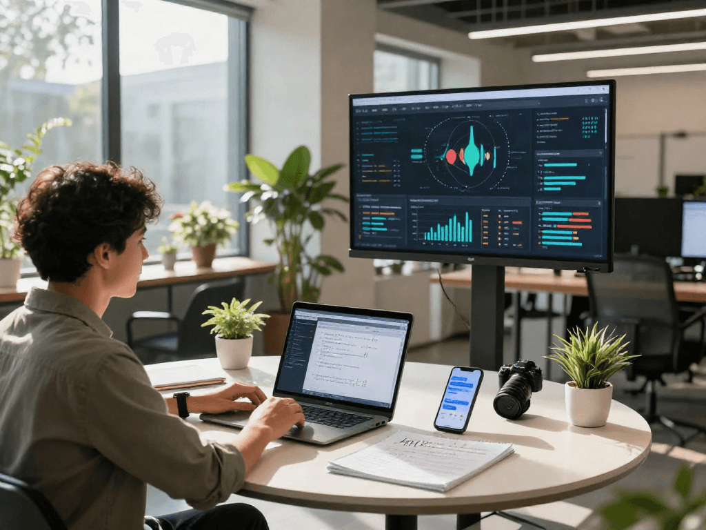 AI detection workspace with analyst analyzing data on laptop and wall screens