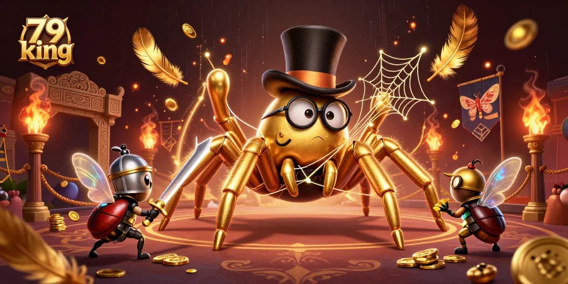 Experience the thrill of 79 king with a giant tarantula and beetle knight in this vibrant casino scene.
