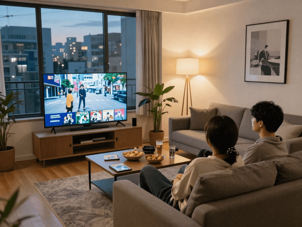 在温馨的公寓客厅,年轻情侣观看日本AV,营造轻松愉悦的氛围。