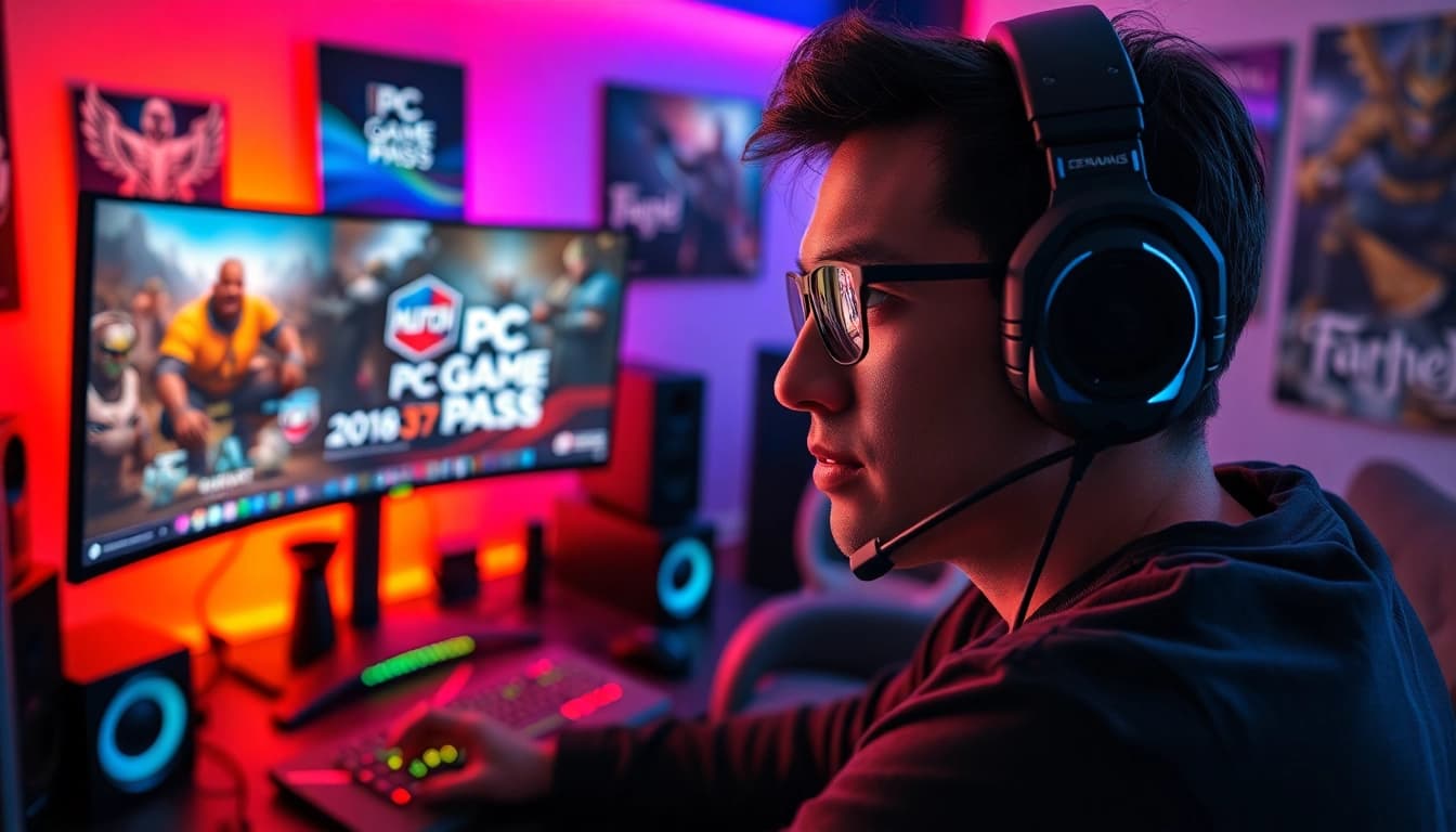 Gamer enjoying multiple PC Game Pass games in a vibrant and energetic gaming setup.