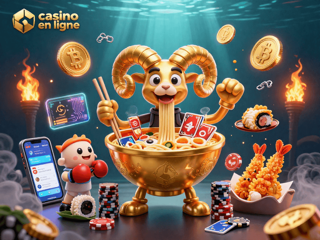 Casino en ligne : illustration d'un ramen géant distribuant des cartes parmi des éléments de jeu colorés.