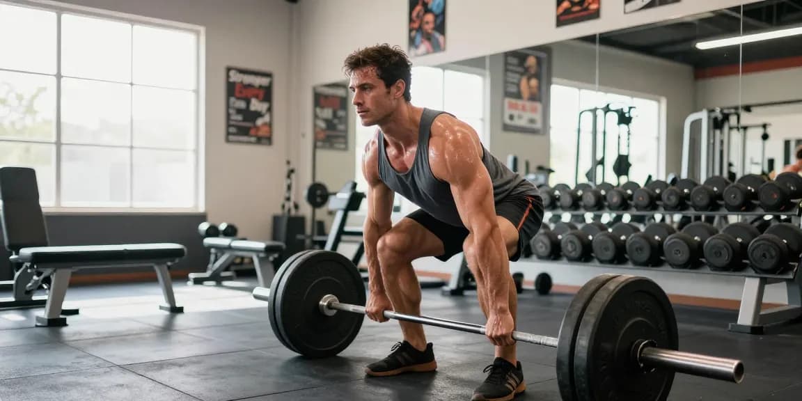 Bodybuilder lifting weights at a gym, showcasing dedication to fitness near the Somatrop Steroid Shop.
