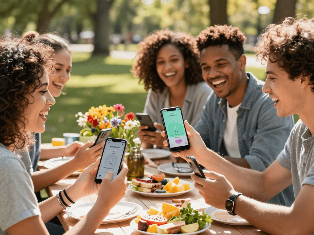 Group of friends having fun using an app to check how old do I look in a sunny park setting.
