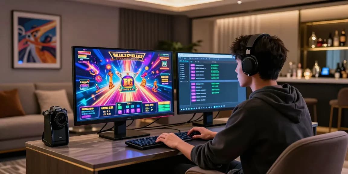 Player enjoying situs gacor in a luxurious gaming room with vibrant slot screens and elegant decor.