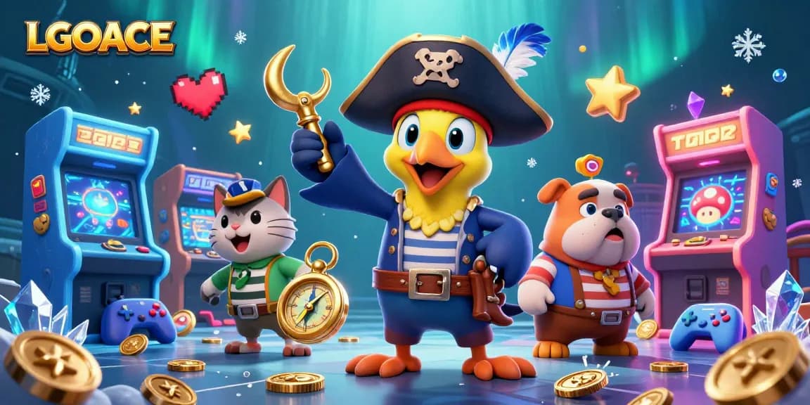 LGOACE showcases thrilling casino adventure with a pirate captain, bulldog, and cat amid vibrant gaming elements.