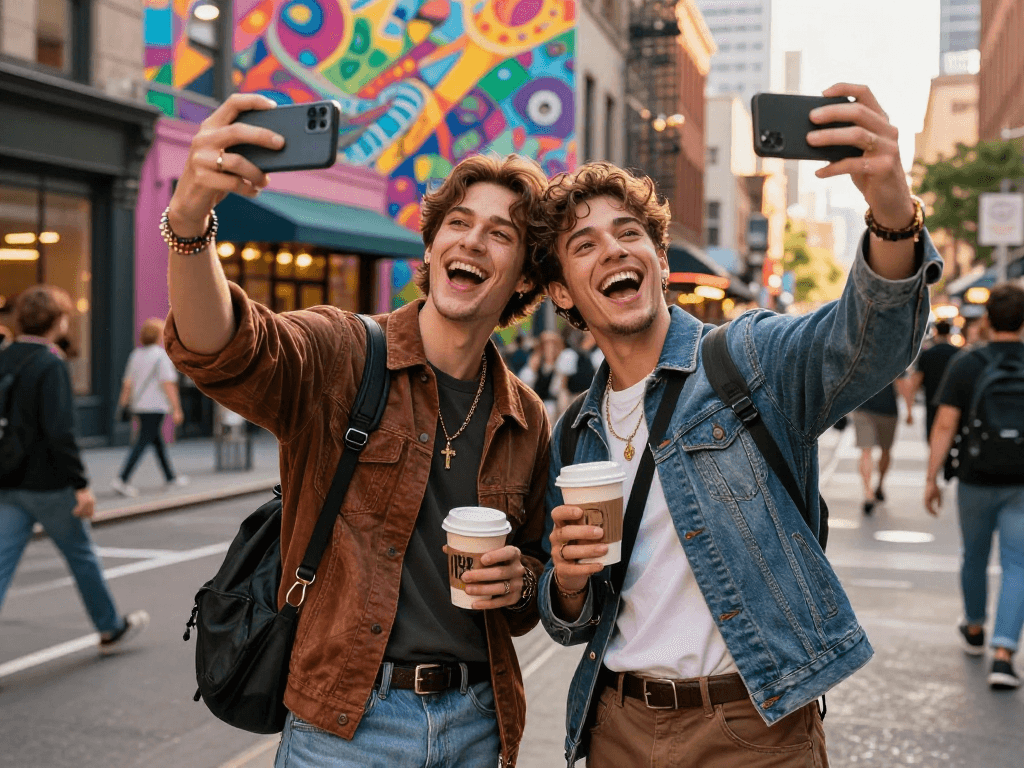Two people who look like celebrities enjoying a lively city atmosphere, capturing the moment with selfies.