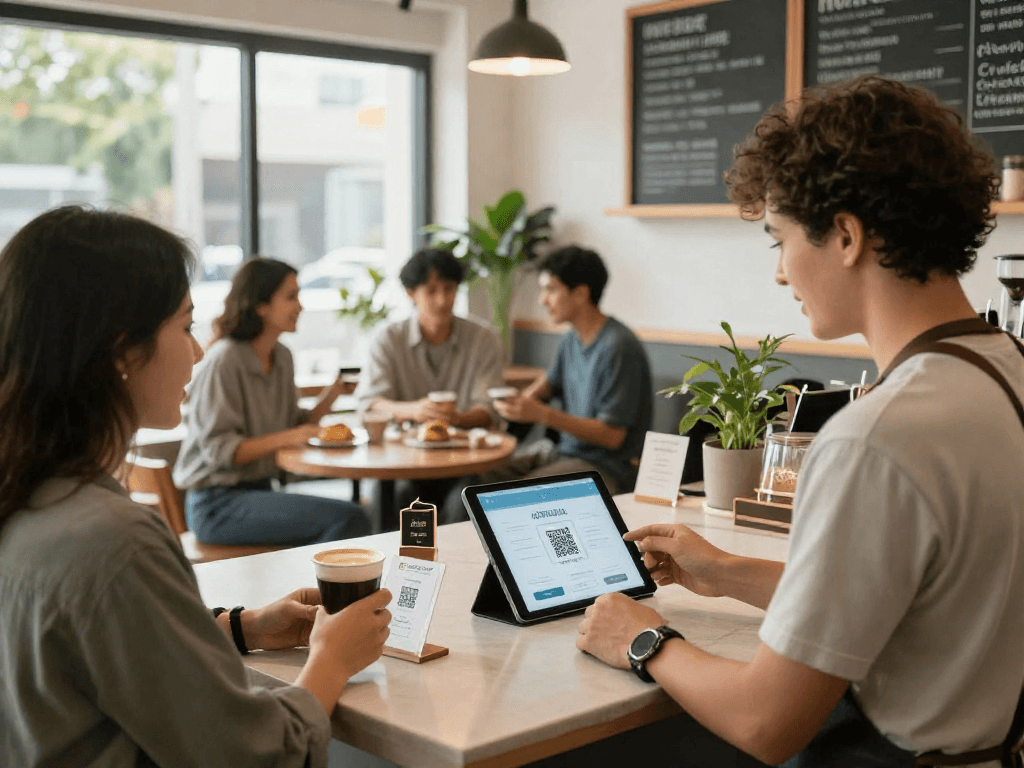 Small business owner using loyalty software to reward customers in a cozy café setting.