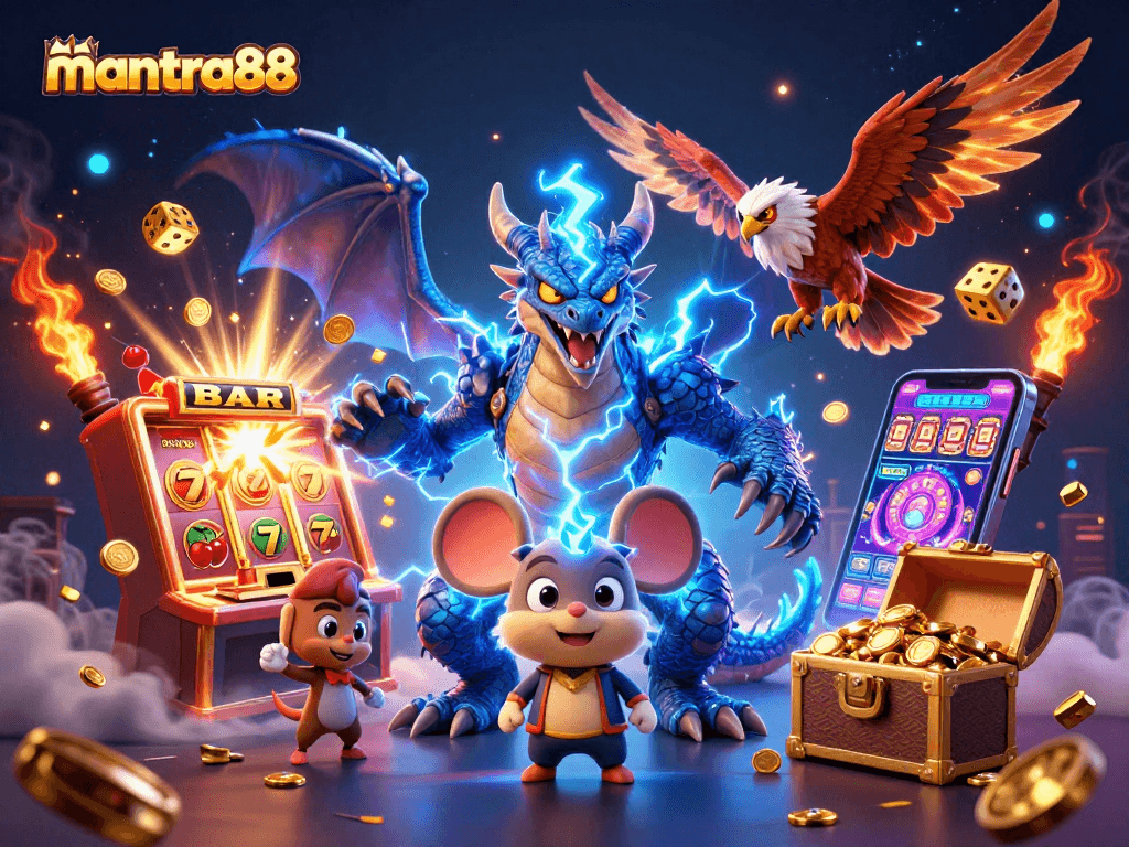 Engage in the thrilling excitement of mantra88, where a thunder dragon and mystical creatures celebrate a jackpot explosion in casino enjoyment.