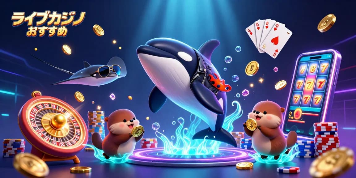 ライブカジノ おすすめの魅力を表現した海の生き物たちが賑やかにカジノアイテムと共に浮かぶイラスト