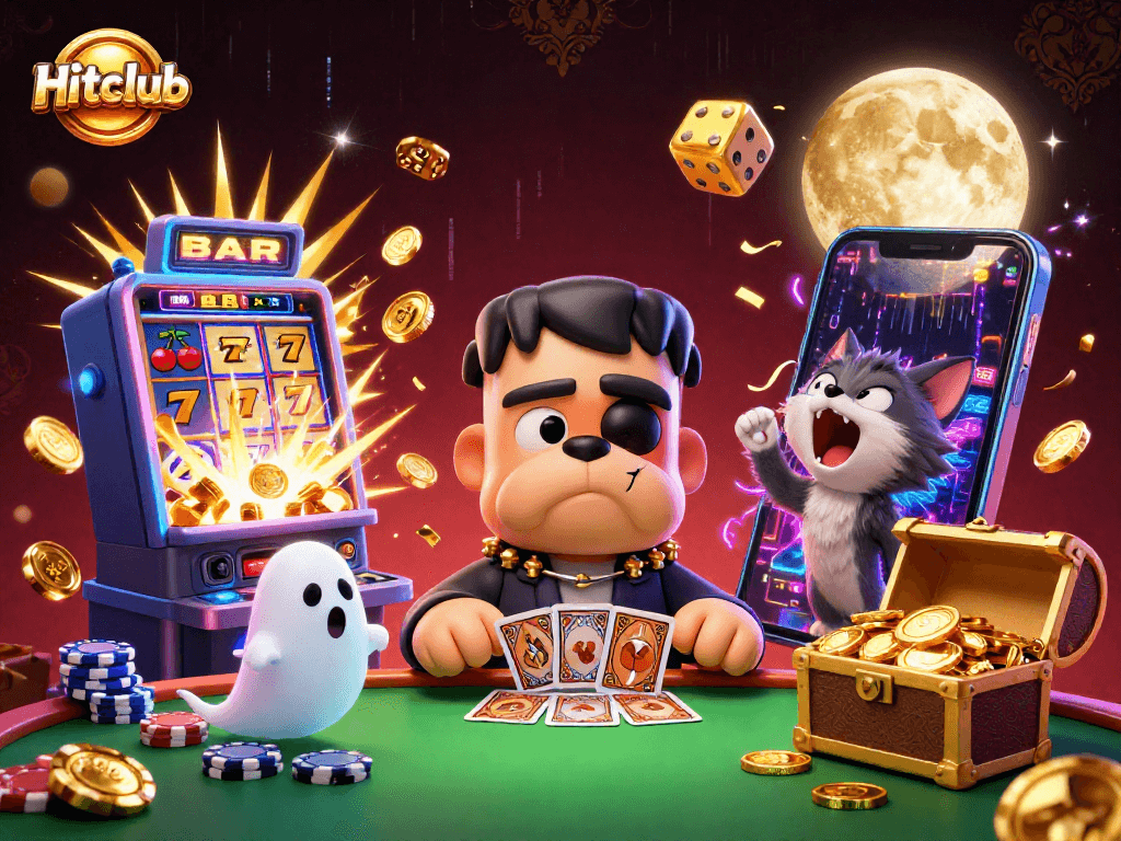Hitclub showcases a vibrant 3D casino scene with characters and thrilling game action.