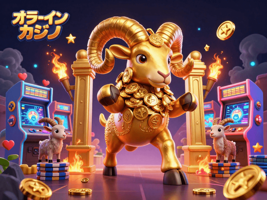 オンラインカジノのゲームで勝利を狙う金色の羊と壮大な背景が描かれた3Dアート