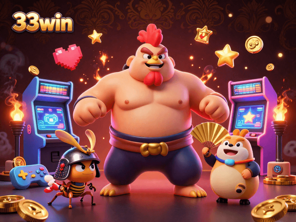 33win showcases a dynamic 3D scene with powerful sumo rooster, fierce samurai cricket, and tanuki announcer.