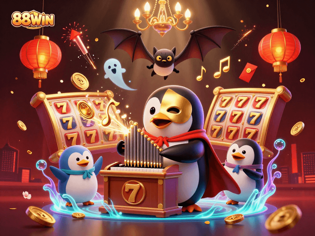 Experience the excitement of the 88WIN casino with a vibrant 3D illustration of a unique penguin playing an organ for jackpots.