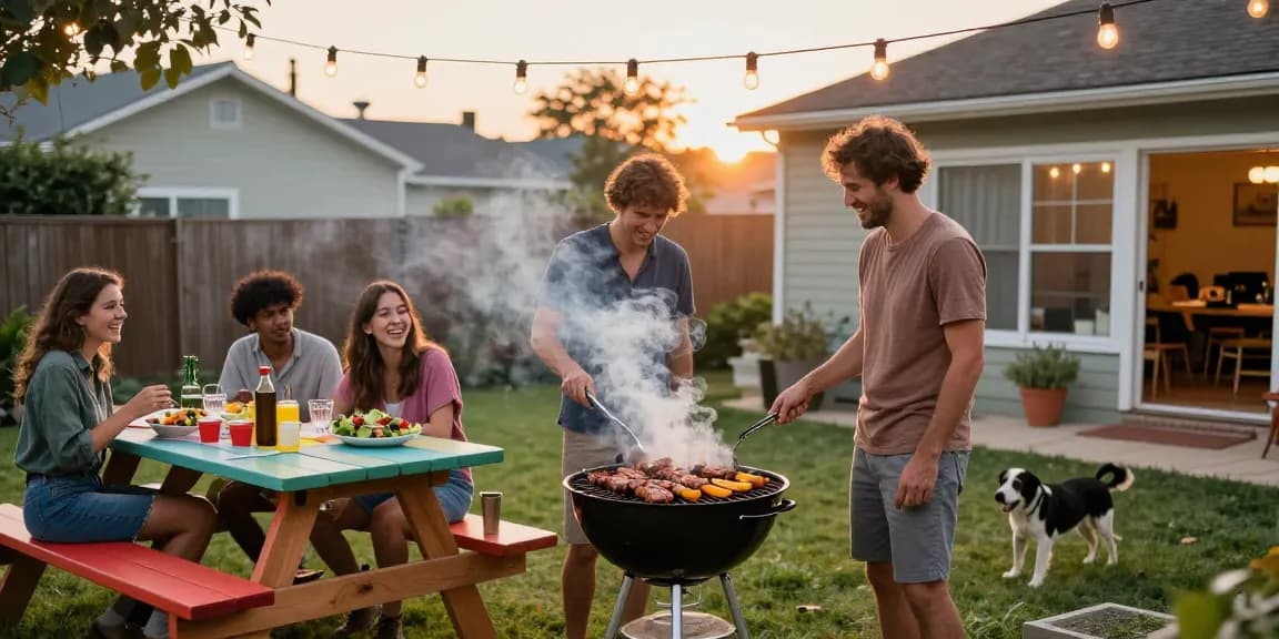 Suasana BBQ di halaman belakang dengan teman-teman, memasak dan bersenang-senang, merayakan BOS88.