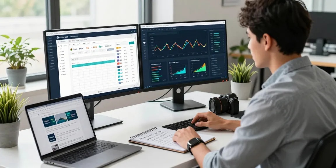 PBN link velocity analysis in a modern marketing office with dual monitors and a focused professional.