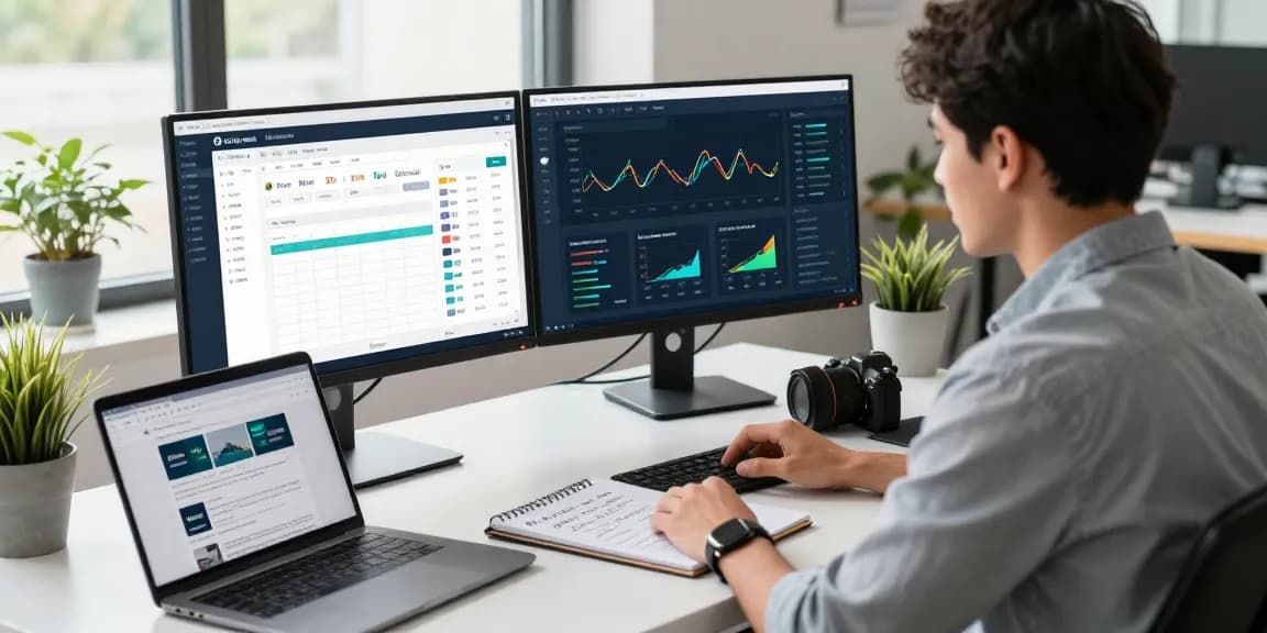 PBN link velocity analysis in a modern marketing office with dual monitors and a focused professional.