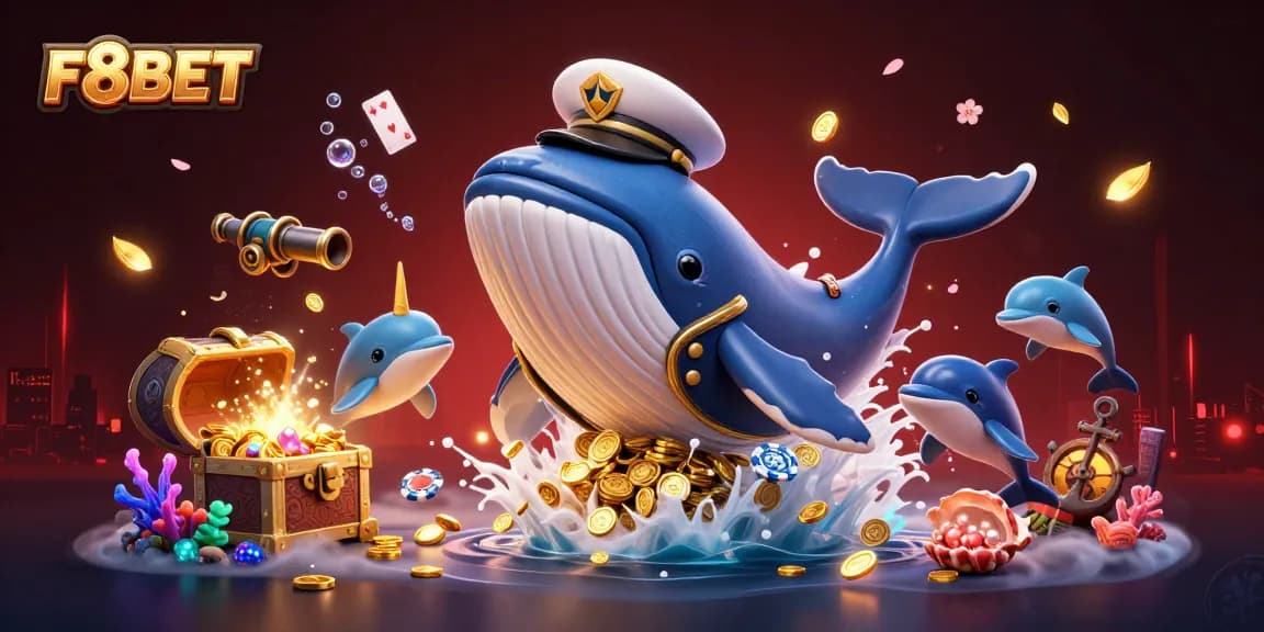 Experience thrilling gaming with F8BET's captivating underwater scene featuring a whale and dolphins.
