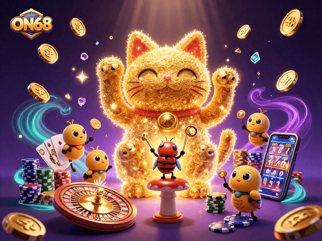 ON68 celebrates winnings with a 3D lucky cat and a dazzling casino scene featuring vibrant games.