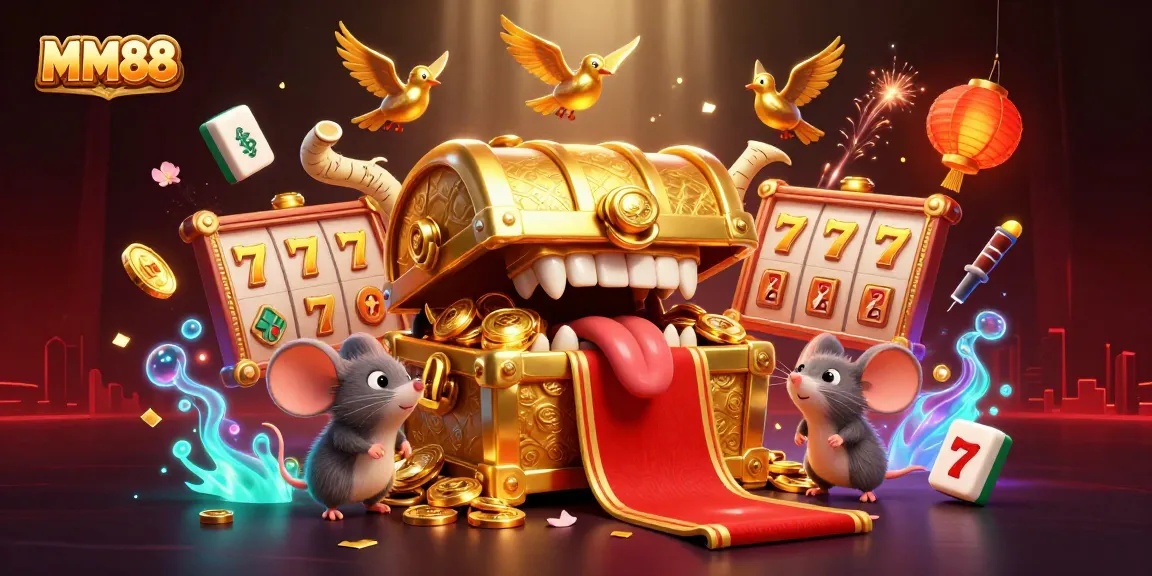 Experience the thrill of MM88 with vibrant slot reels and golden treasures inviting players.