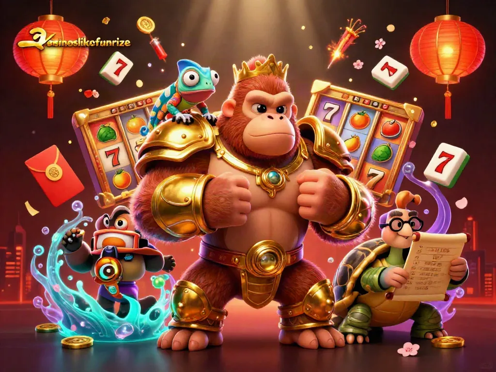 Play exciting slots like casinoslikefunrize with a powerful gorilla, chameleon, and tortoise in a vibrant scene.