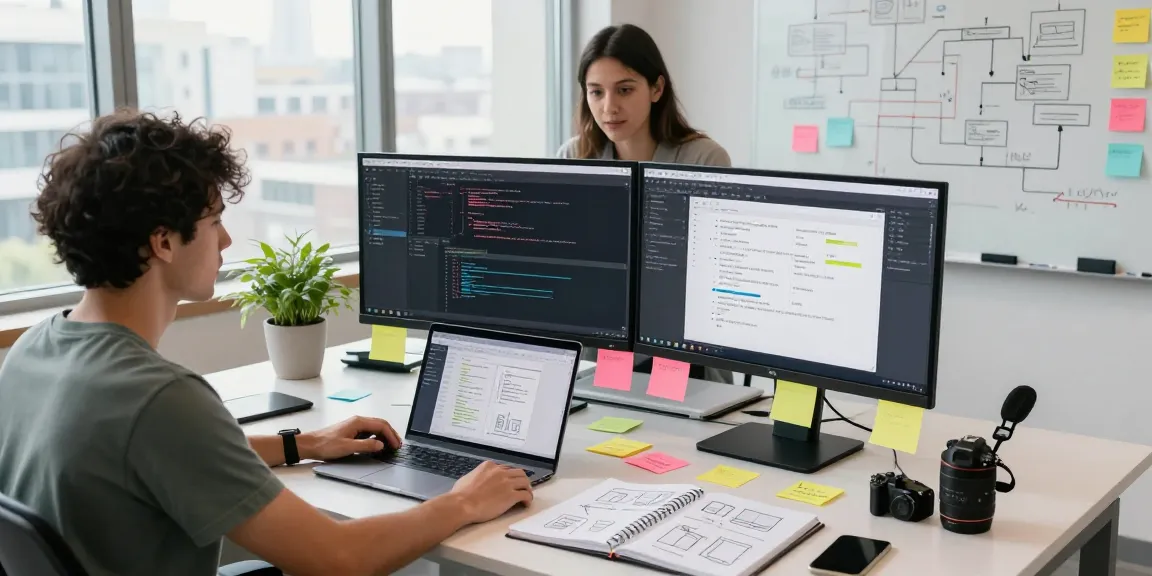 Developer building internal tools with AI in modern workspace, dual monitors displaying code and project management.