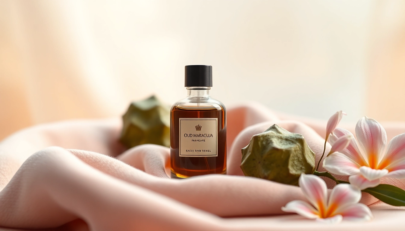 Discover the essence of oud maracuja sample in a stunning perfume display with maracuja fruits.