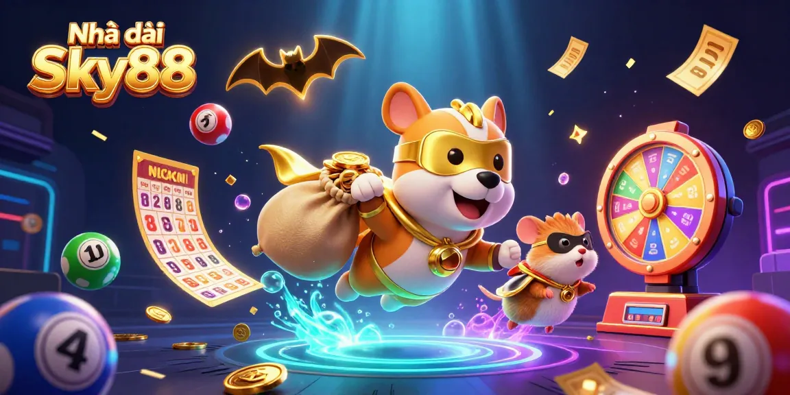 Engage with Nhà cái Sky88 by spinning vibrant colorful lottery balls and winning golden prizes in this lively illustration.