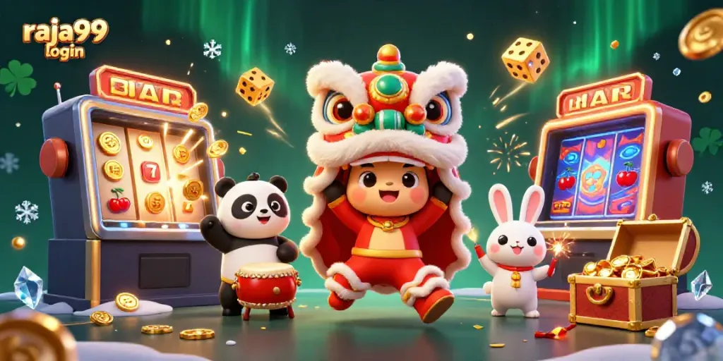 Enjoy the festive raja99 login scene with vibrant characters and jackpot excitement.